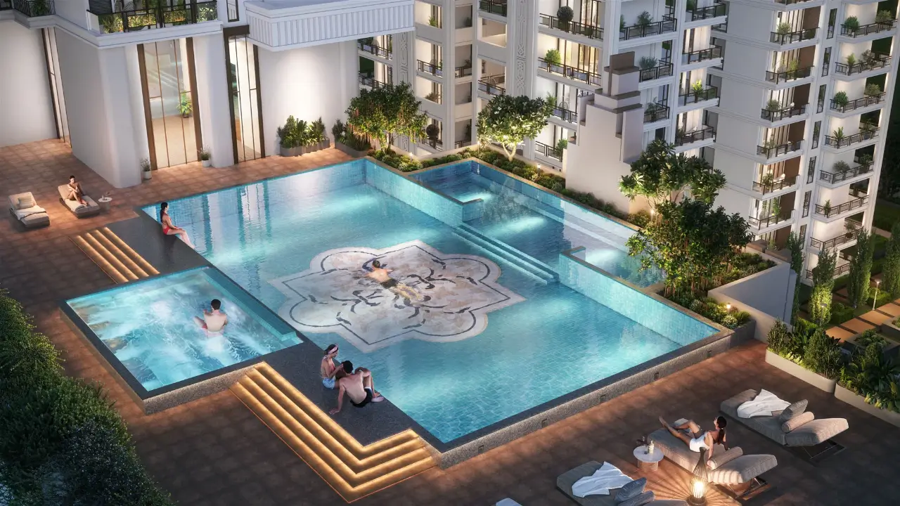 Infinity swimming pool with luxury clubhouse at Signature Global DXP Estate